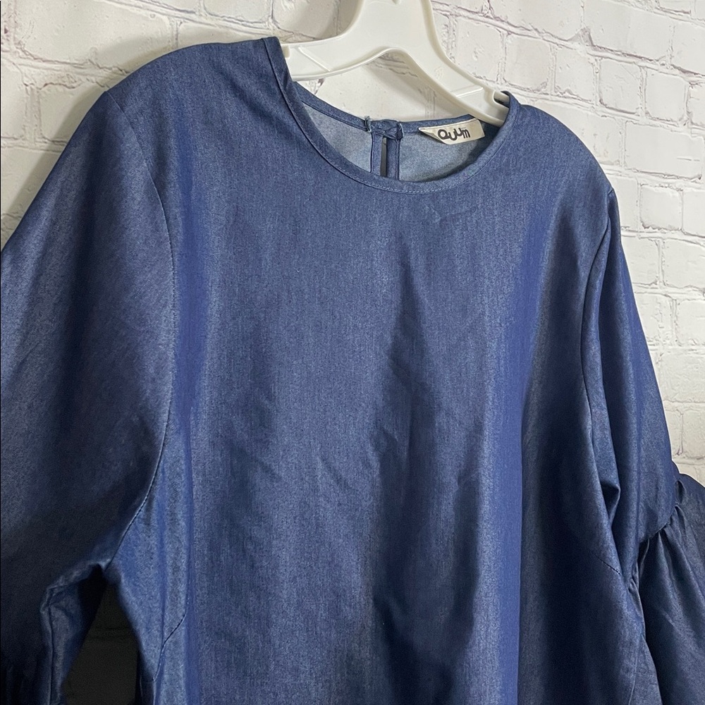 Ouum Dark Blue Jean Long Straight Casual Sheath Dress Flared Ruffle Sleeves - Picture 3 of 9